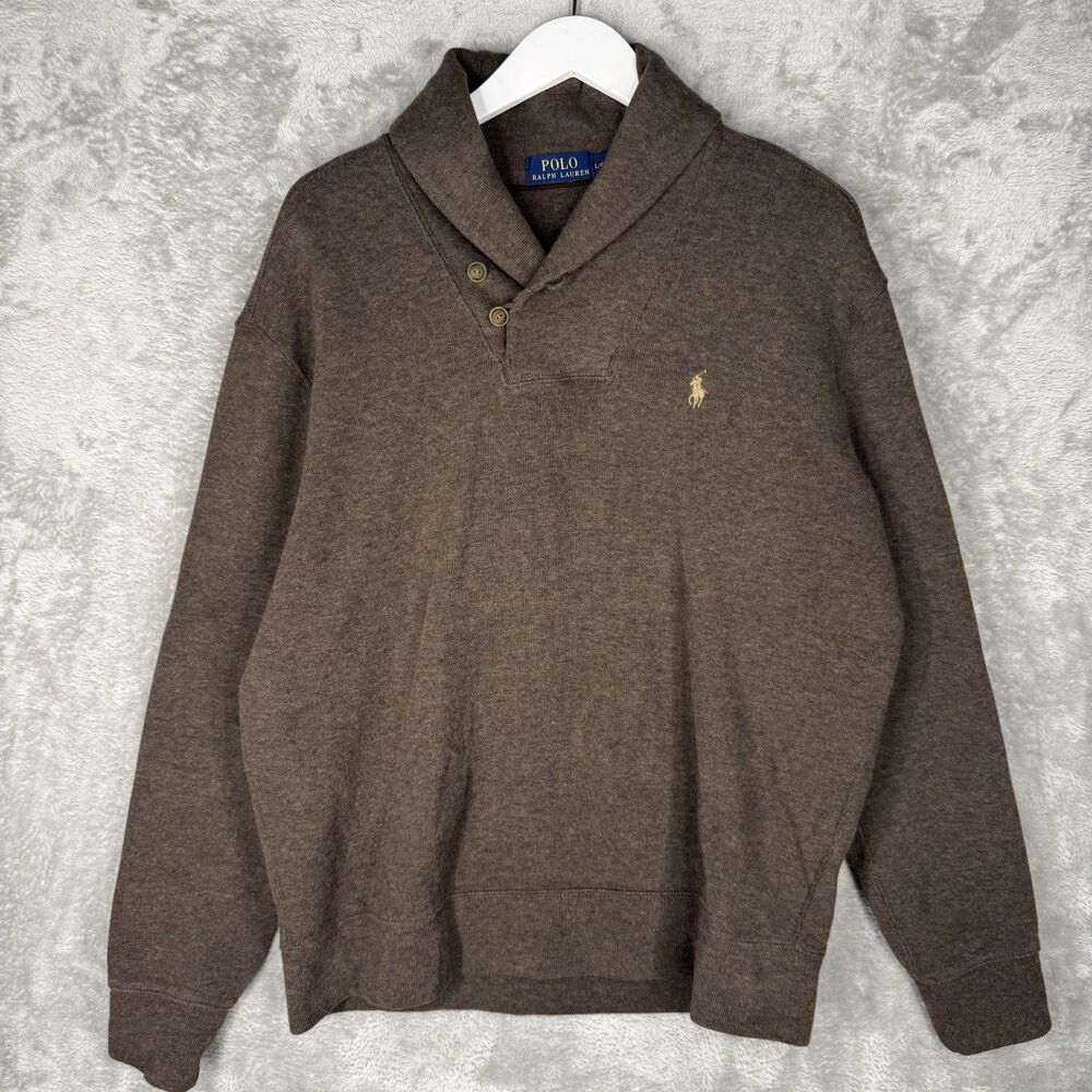 Polo Ralph Lauren Sweater Mens Large Brown Shawl Collar Pullover Cotton Preppy